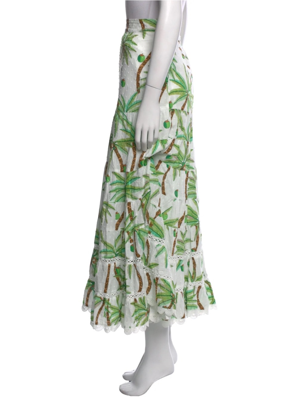 FARM Rio White Maxi Skirt with Green Palm Motif